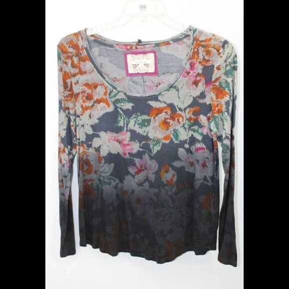 Anthropologie Pure + Good Womens Top Scoop Neck Floral T-Shirt Gray  Medium - Picture 1 of 5
